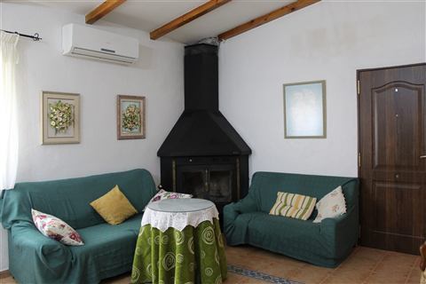 Zona de estar con chimenea y aire acondicionado